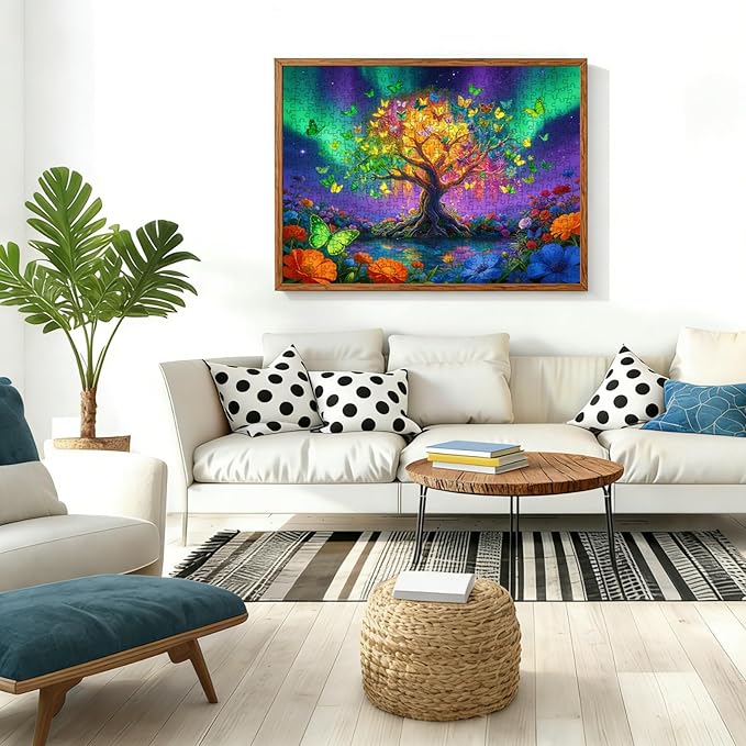 Tree of Life Puzzles for Adults 500 Pieces, Colorful Butterfly Aurora Tree Jigsaw Puzzle with Letters on Back, 21x15 Inch for Family Game Night, Puzzle Gift for Puzzle Lovers