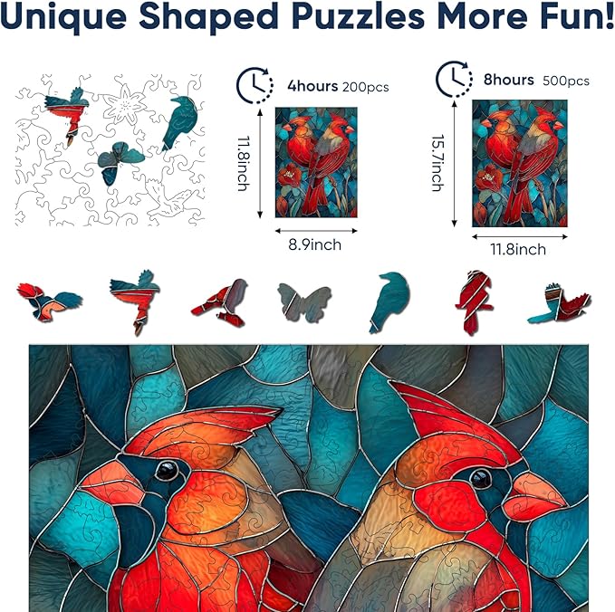 Wooden Puzzles for Adults - Cardinals Stained Glass Unique Shaped Pieces, 500 Pieces Flower Cardinal Bird Art Puzzle, Beautiful Home Wall Decor & Gift for Bird Lovers, Family Game, 11.8 * 15.7in