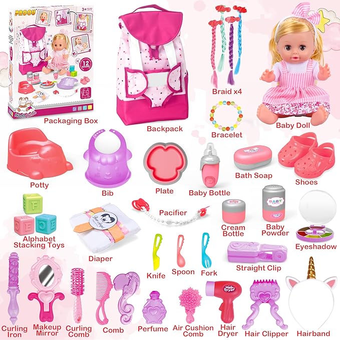 PROOU Baby Care Doll Toys Set, 36PCS Dolls Playset, Hair Salon Pretend Play Toddler Doll Toys Incl 14'' Baby Dolls Toy, Backpack, Hair Dryer, Curler, Xmas Gifts for Age 3 4 5 6+ Years Old Girls Kids
