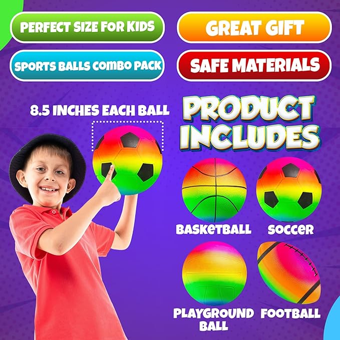 Rainbow Sports Balls for Kids & Toddlers - (Pack of 4) 8.5-Inch Neon Sport Ball Set Includes Football, Soccer, Basketball, & Playground Balls, Toy Balls for Indoor/Outdoor