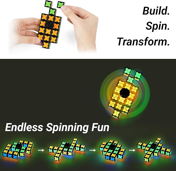 TOSY Magnet Fidget Spinner Glow - 16 Blocks, 3in1 Toy: Transformable Fidget Spinner, Infinity/Puzzle Cube, Easter Basket Stuffers Gift for Kids/Adults, Glowing STEM Sensory Stress Relief, 2-Pack