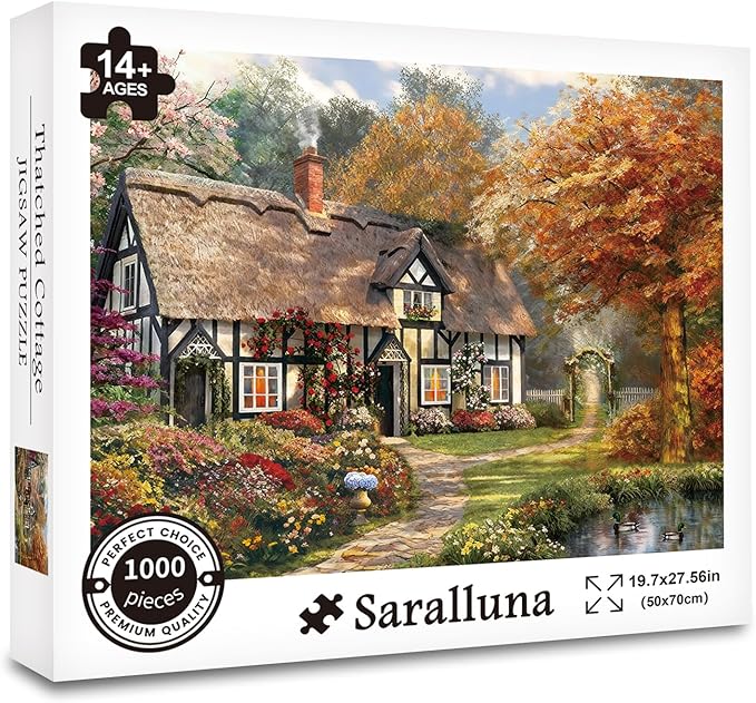 Puzzle for Adults 1000 Pieces, Thatched Cottage Puzzle, Challening Impossible Difficult Hard Fun 1000 Pieces Jigsaw Puzzles for Adults Family with Letters on Back