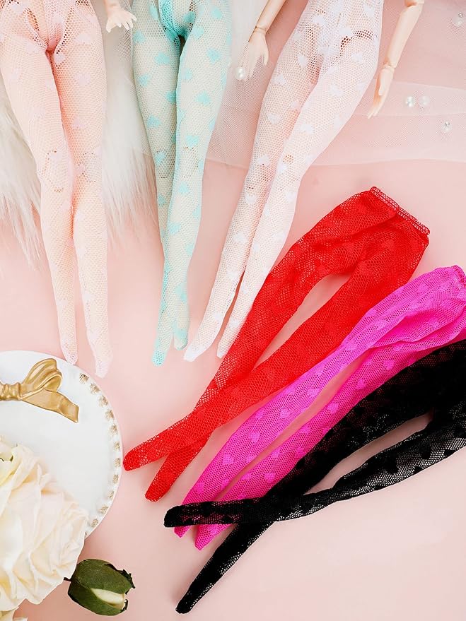6 Pieces Doll Tights 12 Inch Handmade Doll Lace Stockings Female Long Sock Legging Casual Accessories for DIY Gifts(Heart Print)