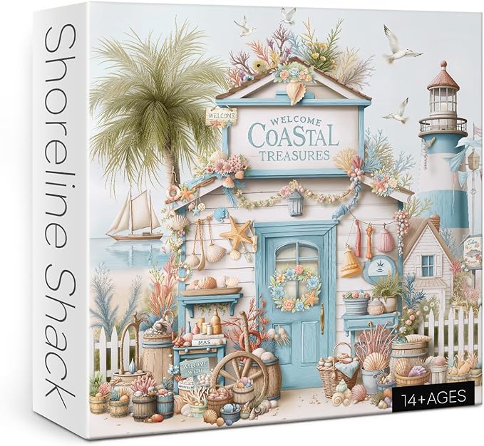 Beach Cottage Scene for Adults 1000 Piece, Ocean Seaside Cabin Jigsaw Puzzle, Lighthouse Seashell Collection Puzzle