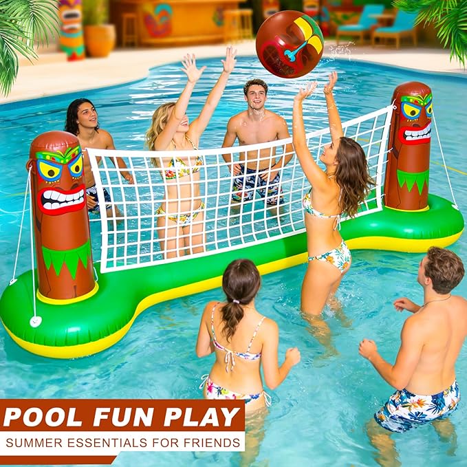 Large Inflatable Luau Tiki Pool Games Volleyball Net Pool Float Set with 9" Beach Ball, Floating Swimming Water Sports Game Toy for Adults, Summer Luau Tropical Hawaiian Party Supplies