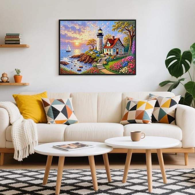 Scenic Puzzles for Adults 1000 Pieces, Lighthouse Ocean Sunset Jigsaw with Sailboat & Cottage, Fall Seaside Puzzles with Letters on Back, 28x20 Inch Wall Art, Family Game, Easter