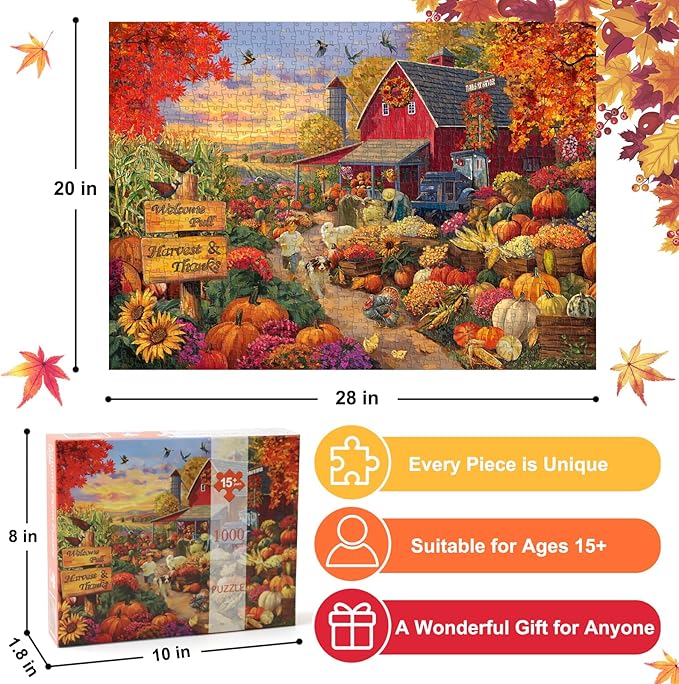 Fall Harvest Thanksgiving Puzzle - 1000 Piece Jigsaw Puzzle for Adults - Challenging Puzzle Perfect for Game Nights Home Decor