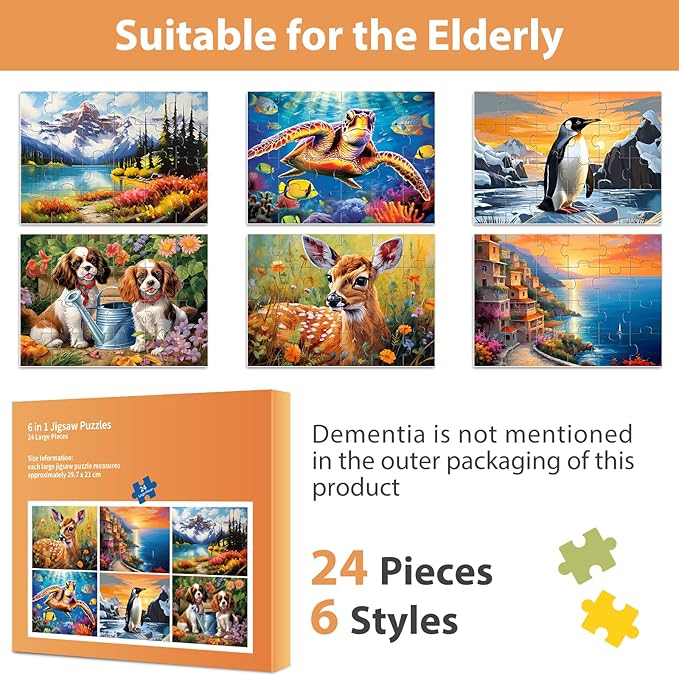 6 Pack Large Piece Puzzles for Seniors, 24 Piece Dementia Puzzles for Elderly Penguin Sea Turtle Deer Jigsaw Puzzle Alzheimer's Dementia Products Products for Adult Cognitive Gifts Toy for Men Women