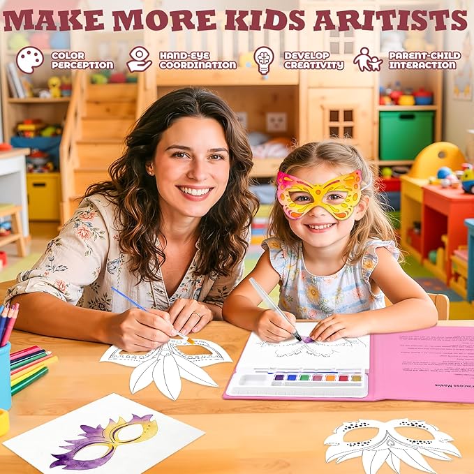 Paint with Water Coloring Books for Kids, 24 Pcs Paper Mache Masks Half Face, Princess Mardi Gras Mask Painting Book, Mess Free Watercolor Painting Kit, Painting Activity for Kids Gifts Ages 3-5 4-8 for Birthday Party Halloween Christmas