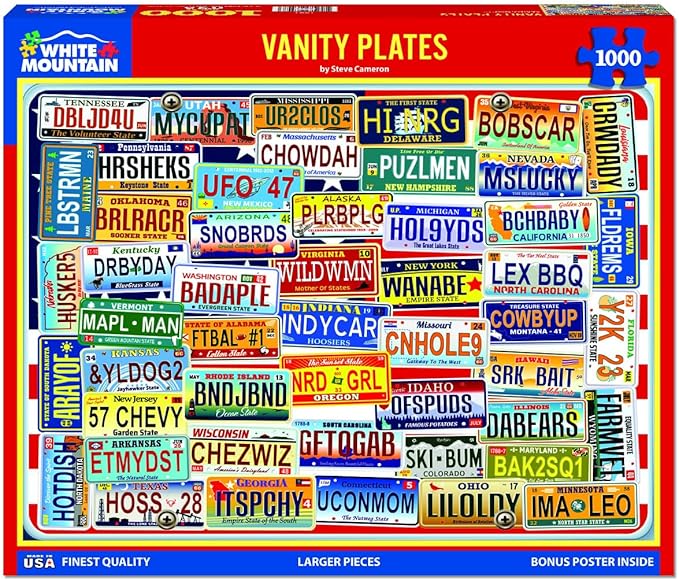 White Mountain 1000 Piece Jigsaw Puzzle State License Plates Collage Puzzles with Large Pieces for Adults and Famlily 24"x30" - Vanity Plates