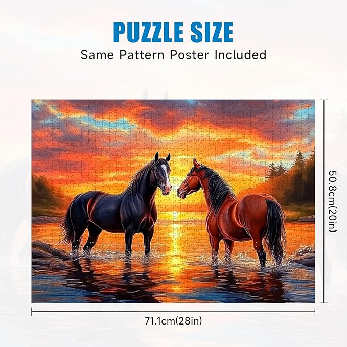 Puzzles for Adults 1000 Pieces, Sunset Horses in Water Romantic Landscape Puzzle, 28x20 Inch Challenging Animal Art Puzzle, Premium Family Game Decor & Gift