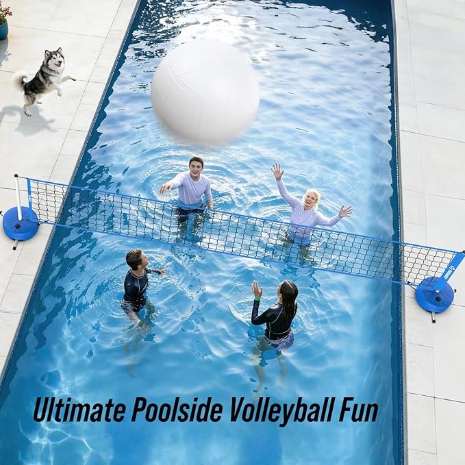 Pool Volleyball Net Set for Inground/Above Ground with Adjustable 15-30FT Length, Pool Games for Adults and Family, Poolside Volleyball Nets with Ball, Pump, Heavy Duty Poles, Weighted Base