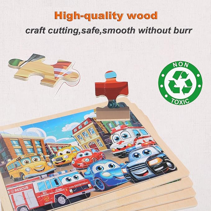 Wooden Puzzles Vehicle Toys for Kids Ages 3-5, Set of 4 Packs with 60-Piece Wood Jigsaw Puzzles, Preschool Educational Brain Teaser Boards for Boys an