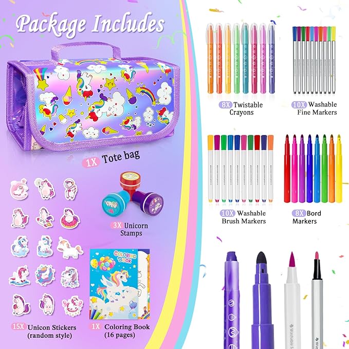56 PCS Washable Scented Markers with Glitter Pencil Case, Unicorn Arts and Crafts for kids 4-6-8 Kids Coloring Drawing Kits for 4-8 Years Old Girls Xmas Gifts Stocking Stuffers (Purple, Purple)