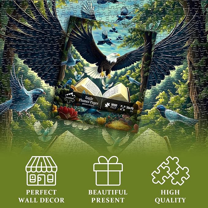 Eagle Puzzles for Adults 1000 Pieces, Fantasy Book Nature Forest Plant Puzzle, Animal Bird Bald Eagle Flower Challenge Jigsaw Puzzle