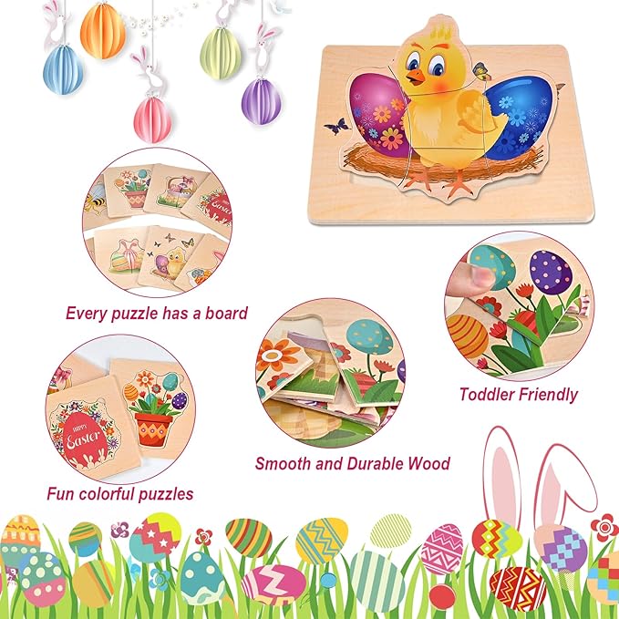 8pcs Easter Basket Stuffers Fillers for Toddler Party Favors, Easter Puzzles for Toddlers 3-5, Wooden Puzzles Gifts Toys for Kids Boys Girls Baby, Classroom Exchange Gifts Rabbits Eggs Puzzle