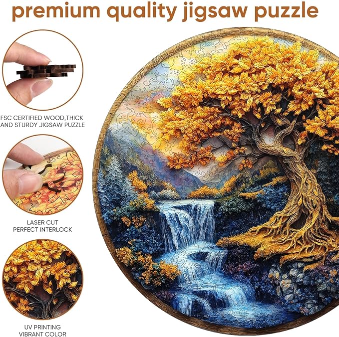 Qiuenisray Wooden Puzzles for Adults 500 Pieces, Tree of Life Waterfall River Round Jigsaw Puzzles, FSC Certified Unique Shape Adult Puzzles Piece, Wood Creative Gift for Family Game 16.5x16.5 in