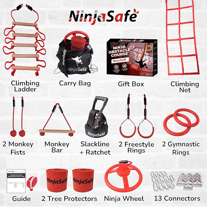 Ninja Obstacle Course for Kids Backyard - 10 Durable Obstacles and 15m Slackline - Outdoor Playset Equipment for Girls & Boys with Climbing Net & Ladder, Wheel, Warrior Gymnastics & Monkey Bars