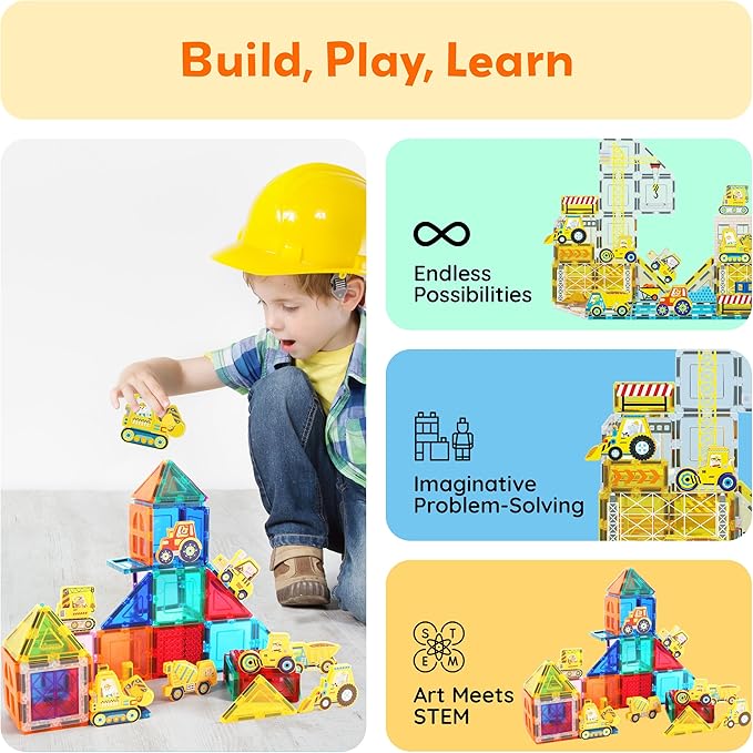 PicassoTiles Magnetic Tile Building Blocks Add On 8 Magnetized Action Figures Construction Vehicles & Zoo Animal Theme Compatible with Magnet Tiles Sets STEM Learning Toy for Boys & Girls Age 3+ PTA21