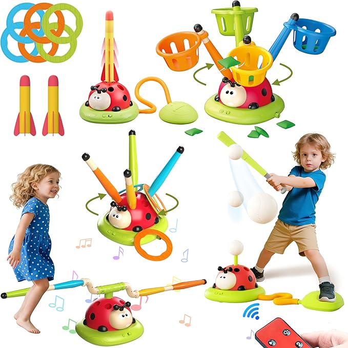 5 in 1 Musical Jump, Bean Bag Toss Ring Game, Baseball Toys and Stomping Launch Rocket Launcher for Kids Remote Control Indoor Outdoor Sports Toys for Kids Ages 4-8 3-5 Birthday Easter Gifts