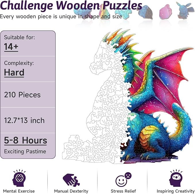 210 PCS Wooden Jigsaw Puzzle for Adults – Colorful Dragon Shape Puzzles, Unique Animal Shape Wooden Puzzle, Challenging Brain Teaser Gift for Adults, Art Puzzles Gifts for Friends Family (Dragon)