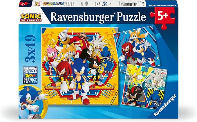 Ravensburger Sonic The Hedgehog 3 x 49 Piece Jigsaw Puzzle Set for Kids - Screen-Free Activity Boosts Concentration and Focus