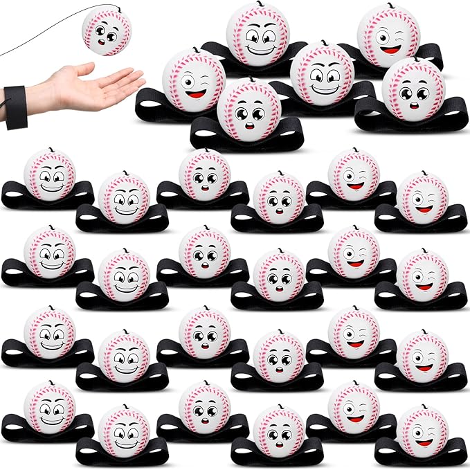 30 Pcs Wrist Return Balls on a String Face Return Sport Balls with Elastic Strap Wrist Exercise for Adults for Fun Outdoor Activity Sports Team Gifts (Baseball)