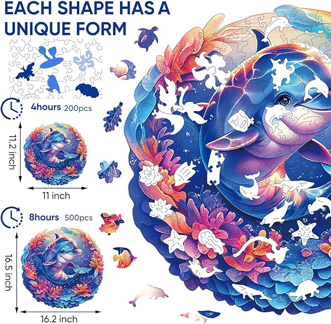 Qiuenisray Wooden Puzzles for Adults, Dolphin Baby Jigsaw Puzzles 200 Pieces, FSC Certified Unique Ocean Adult Puzzles, Wood Puzzles Creative Gift for Family Game 11.2x11.2 in
