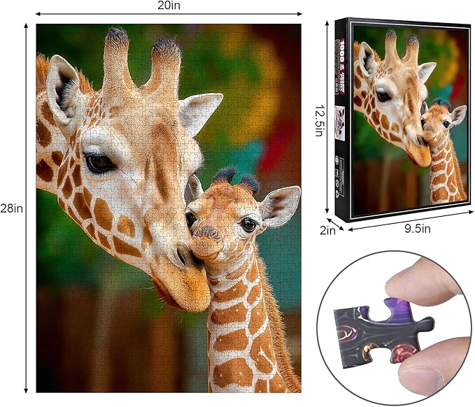 Giraffe Family 1000 Piece Puzzle for Adults - Mother & Baby Nuzzle Art, Lettered Backing, 20"x28" HD, Premium Gift for Animal & Family Lovers