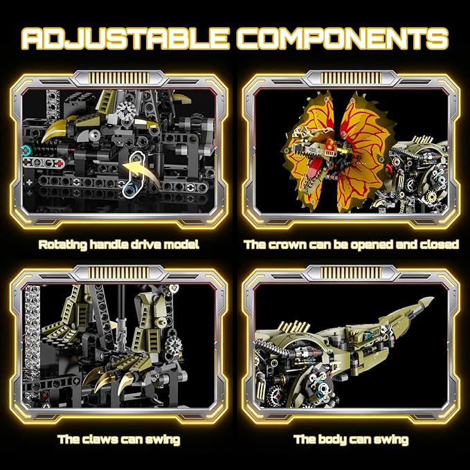 1277 Pcs Mechanical Dilophosaurus Building Blocks Set Steampunk Dinosaur Model with LED Eyes and Manual Linkage Robot STEM Display Gift for Adults& Teens