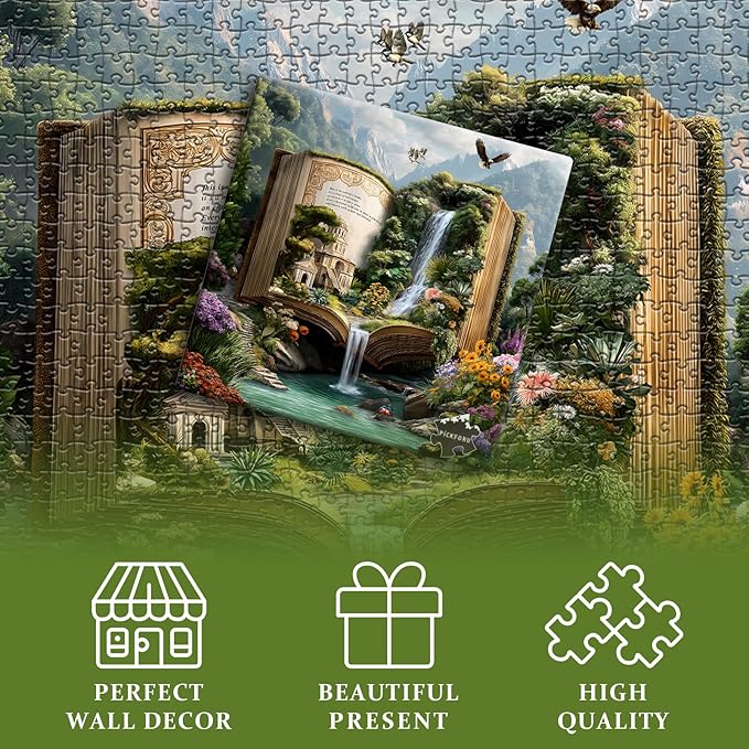 Fantasy Book Puzzles for Adults 1000 Pieces, Nature Flower Landscape Mountain Scenic Puzzles, Garden Floral Animal Bird Scenery Jigsaw Puzzle