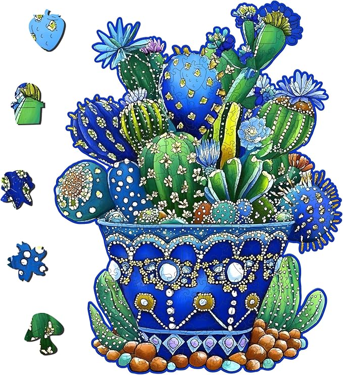 Delobil Puzzles for Adults, 200 Pieces Cactus Jigsaw Puzzles, Unique Shaped Flowers Wooden Puzzles for Adults and Kids, Family Game for Plant Lovers, 8.8 x 11.4 Inches