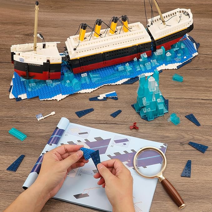 2 in 1 Titanic Building Set, Titanic Big Ship Model Building Kit with Lights Bricks and Glacier, Compatible with Lego for Adults Men, 1928 Pieces STEM Construction Toy for Teens 14+