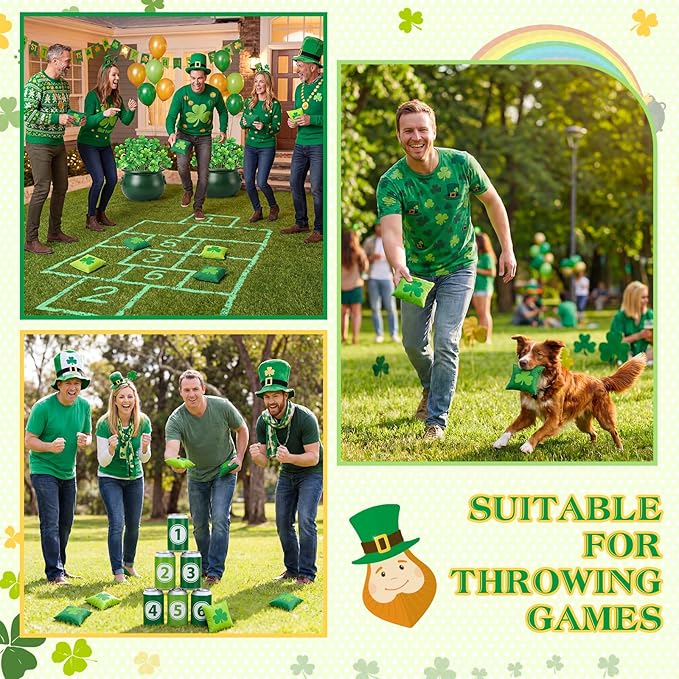 Soulchen 12 Pack St Patricks Day Bean Bags Toss Game Green Shamrock Cornhole Bag St Patricks Tossing Game Gifts Irish Party Favors for Holiday Outdoor Indoor Yard Hand Throwing Supplies