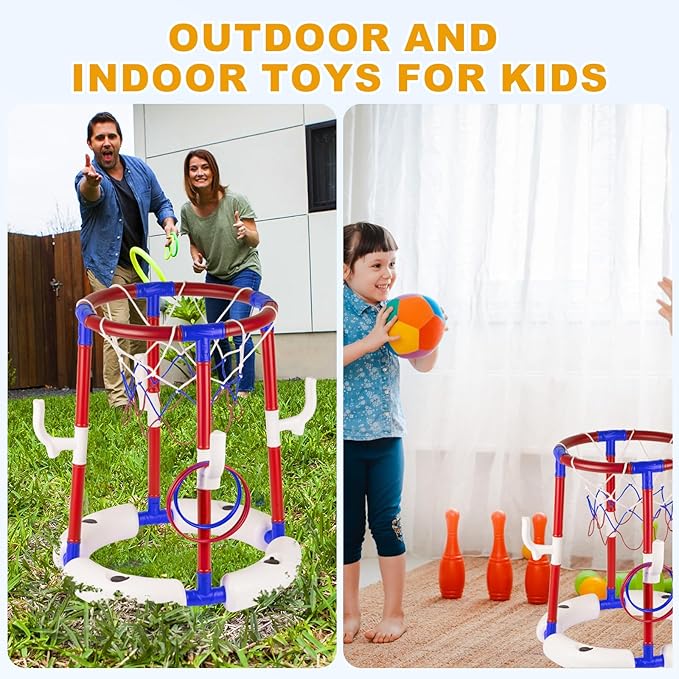 Taotuo Red Floating Pool Basketball Hoop, 2-in-1 Basketball & Ring Toss Game with 4 Balls, 6 Rings&Pump, Summer Pool Toys Outdoor Water Fun Family Party for Age 3-12