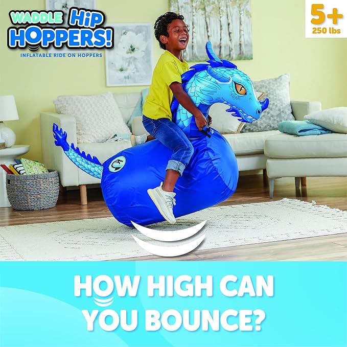 Waddle Hip Hoppers Large Bouncy Hopper Inflatable Hopping Animal Bouncer, Supports Up to 250 Pounds, Ages 5 and Up (Blue Dragon)