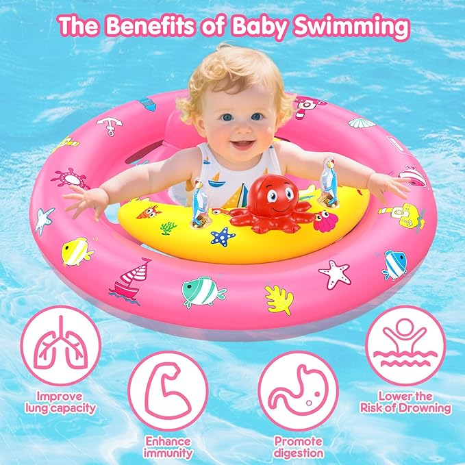 Baby Pool Float with Canopy, Inflatable Baby Swim Float with UPF50+ Sun Protection, Toddler Infant Pool Float with Toy Play Console Adjustable Safety Seat for Kids Girls Boys Aged 6-36 Months, Pink