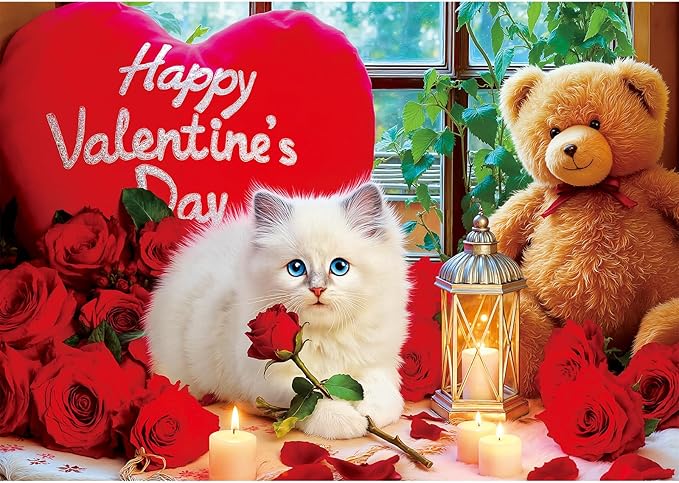 Sutinban Valentine 500 Piece Puzzle for Adults, White Cat Red Rose Bear Colorful Jigsaw Puzzle, Romantic Candlelight Greaty Family Game Sweet Heart Night Valentine Gifts for Man Woman Decor