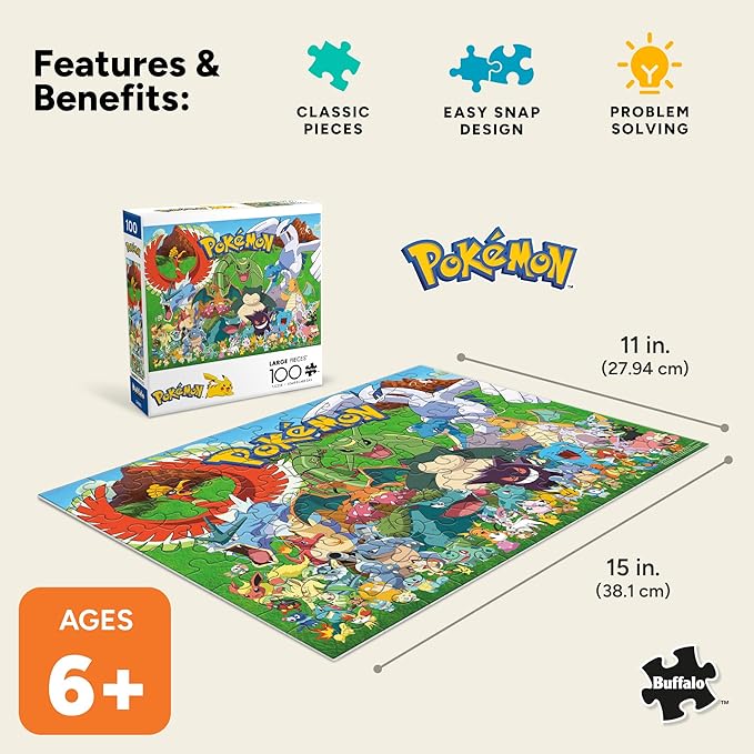 Buffalo Games - Pokémon Fan Favorites - 100 Piece Jigsaw Puzzle for Families - Premium Pokémon Puzzle for All Skill Levels - Finished Size 15.00 x 11.00