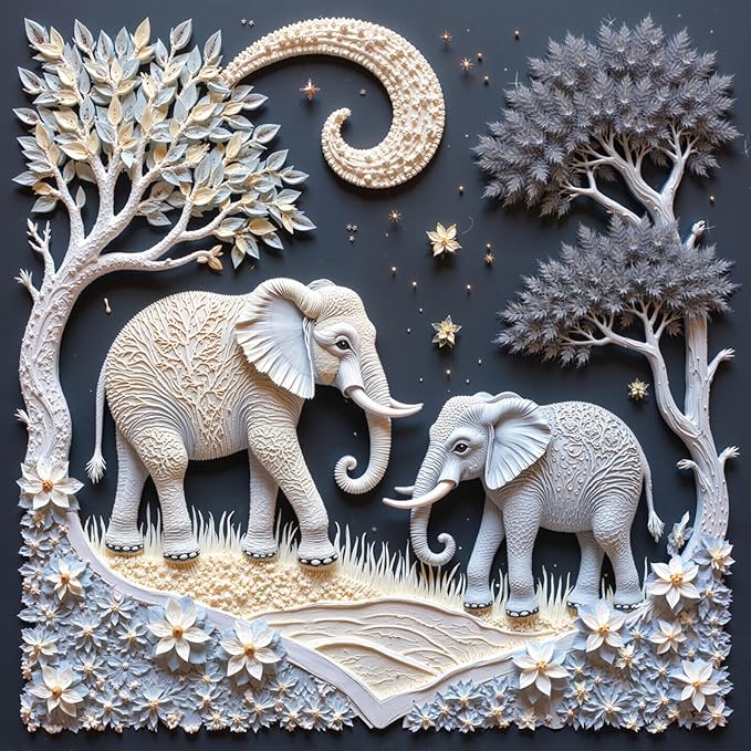 1000 Piece Jigsaw Puzzle for Adults, 3D Elephants and Calves in the Magical Forest, Moon and Stars Nature Scene, 22.8x22.8 Inch Premium Puzzle, Precision Cut for Relaxation & Home Décor