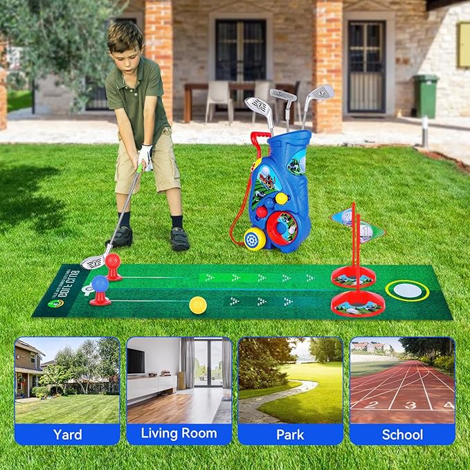 Toddler Golf Set with Shoulder Strap for Kids Ages 2-5, Portable Golf Clubs, Cart & Putting Mat - Indoor Outdoor Sports Toys - Blue