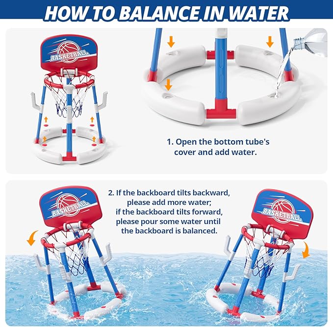 2 in 1 Pool Basketball Hoop with Backboard & Ring Toss Game, Floating Pool Toy - Anti-Tip Stable Base - with 4 Balls/8 Rings/Pump - Summer Water Indoor Outdoor Toy Gifts for Kids 4-8 & Adults, Red