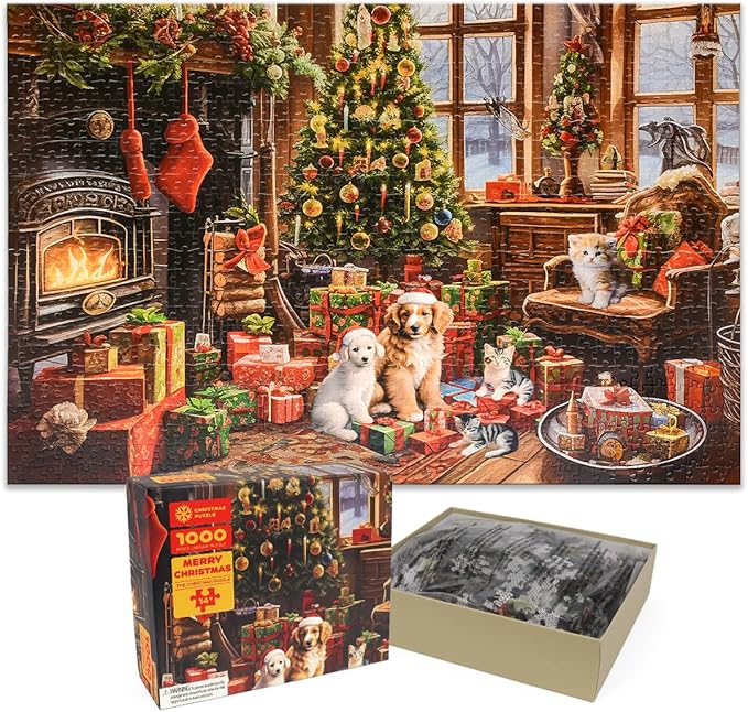 Christmas Jigsaw with 1:1 Reference Poster, 27.5 x 19.7 inches, Holiday Puzzles for Adults and Kids - 1000 Pieces Puzzles, Educational Games Gift for Elders Children Family, Friends (Fireplace)
