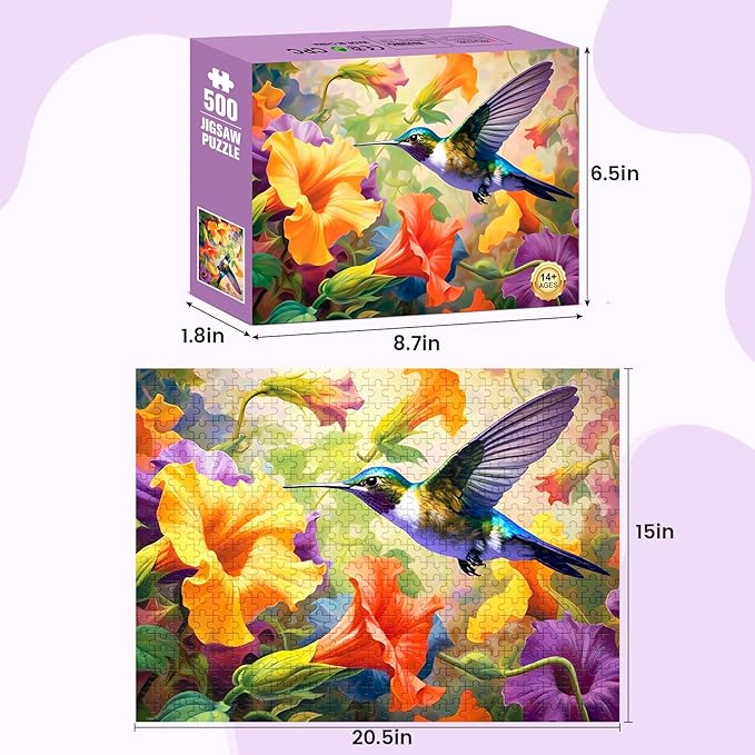 VOLUVOLU 500 Piece Puzzle for Adults, Jigsaw Puzzles,Flower Hummingbird Jigsaw Puzzles 500 Pieces Birthday Party for Family Adults Funny Puzzle