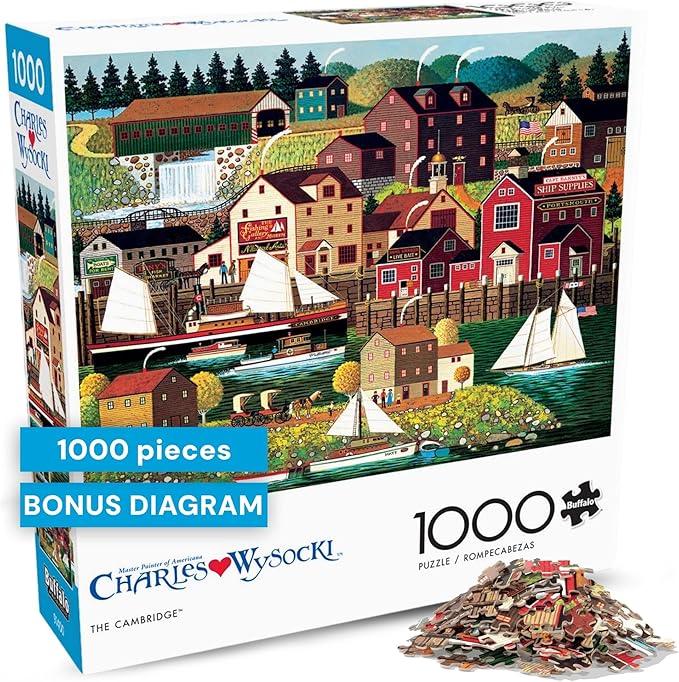 Buffalo Games The Cambridge by Charles Wysocki 1000 Piece Jigsaw Puzzle for Adults Classic Americana Harbor Scene with Reference Poster Made in The USA