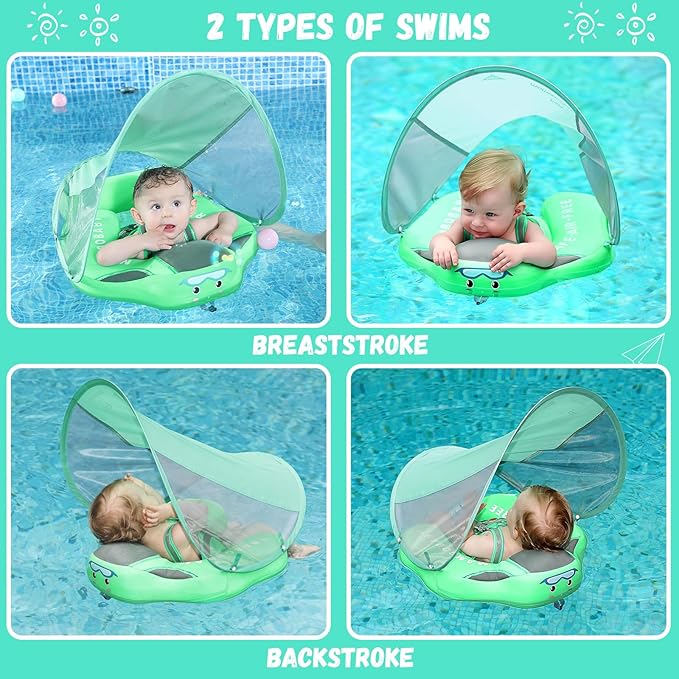 Mambobaby Baby Swim Float with Canopy Non-Inflatable Infant Pool Float with Tail 3-24 Months Avoid Flip Solid Skin-Friendly Material for Toddler Boys Girls