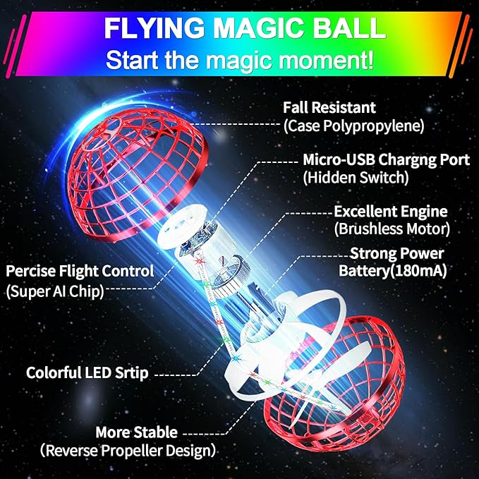 Flying Orb Ball Toy,2026 Upgrade Parachute LED,Magic Hand Controlled Mini Gravity Ball,Cosmic Globe Boomerang,Cool Thanksgiving Birthday Gift for 6 7 8 9 10+ Year Old Girls-Bright Red