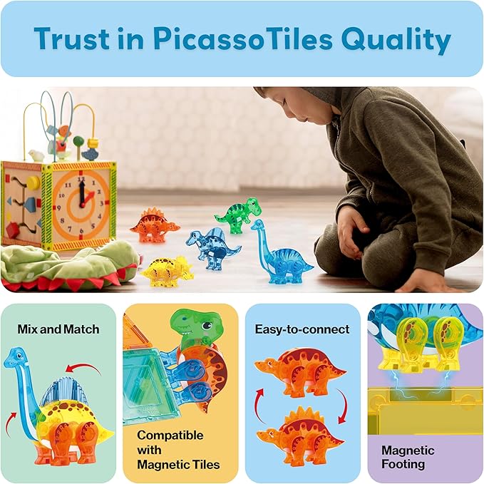 PicassoTiles Dinosaur Magnetic Tiles Accessory Set Mix and Match Dino Figure Parts for STEM Magnet Tile Construction Building Blocks Sets Creative Pretend Play Educational Toy for Kids Ages 3+ PTA28
