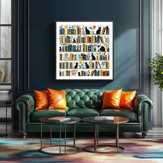 MINIWAN Aesthetic Black Cat Bookshelf 500 Piece Jigsaw Puzzle for Adults, Vintage Botanical Flower Art Puzzle, Large Piece Puzzle for Seniors Gift for Cat and Book Lovers 20x20 Inch