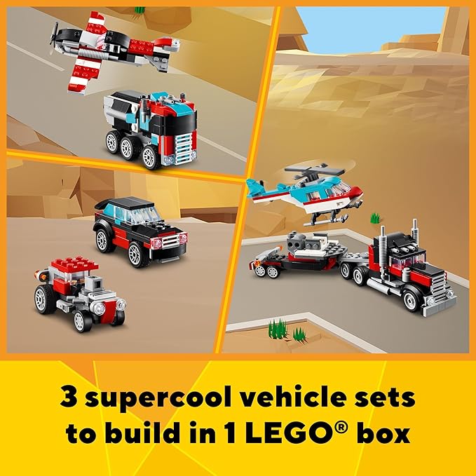 LEGO Creator 3 in 1 Flatbed Truck with Helicopter Toy, Transforms from Flatbed Truck Toy to Propeller Plane to Hot Rod and SUV Cars, Gift Idea for Boys and Girls Ages 7 Years Old and Up, 31146